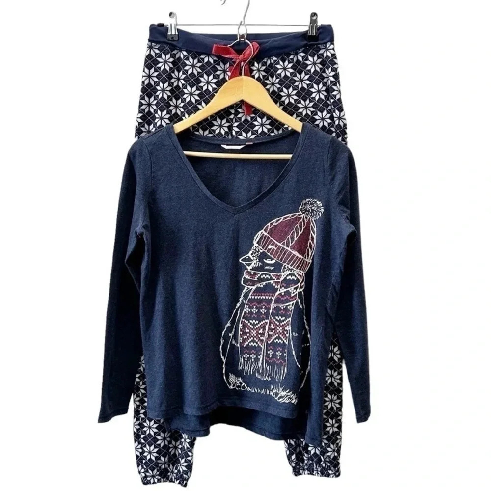 La Vie en Rose Pajama Set 2PC Matching PJ Pants Long Sleeve Top Blue Red Small